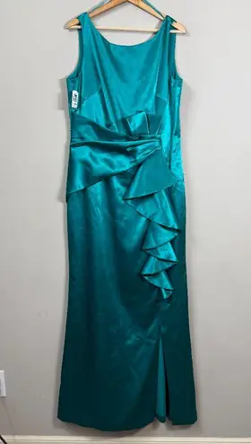 Eliza J Ruffle Satin Mermaid Maxi Gown Women's 14 Jade Green Formal Slit NWT