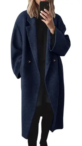 ⚡Women's Navy Blue Winter Double Breasted Wool Coat Long Sleeve Long Trench Coat
