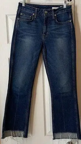 NoEnd Denim Farrah Kick Flare Jeans Sz 27 Med. Dark Wash Frayed High Low Hem USA Blue
