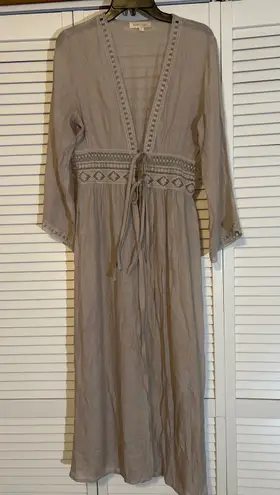 Rebellion Again Kimono Maxi Dress Beige Lace Trim Tie Waist Long Sleeve size 2 Tan