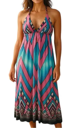 Boutique Boho Beaded Passion4Fashion Maxi Sundress Open Back Pink Blue Size Large