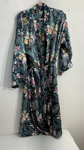 Womans Vtg Kathryn Bath Robe Green Floral Paisley Long Ash Front Tie Closure Med