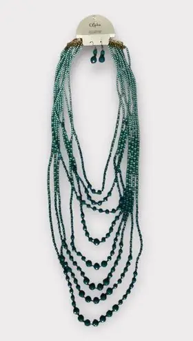 Women’s Beaded Long Layered Teal & Turquoise Necklace & Earring Set #1006 Green
