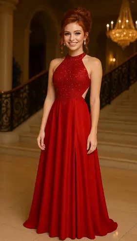Betsy and Adam  Red Rhinestone Halter Evening Gown Formal Dress - Size 4