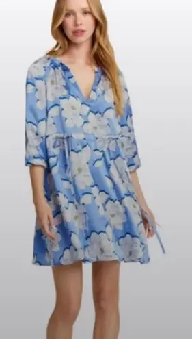 Draper James Kellie Babydoll Dress Blue Magnolia Print Satin Puff Sleeves Small