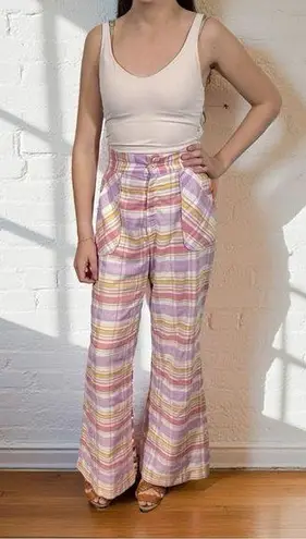 True Vintage 60s 70s Seersucker Plaid High Waisted Wide Leg Bellbottom Pants Pink Size XS