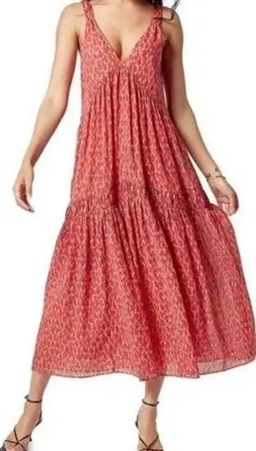 Joie  Women’s Boho Tiered Midi Dress Red and Pink Geo Print Lined size Medium