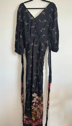Anthropologie Feather Bone Wide Leg Jumpsuit Black Floral Boho V