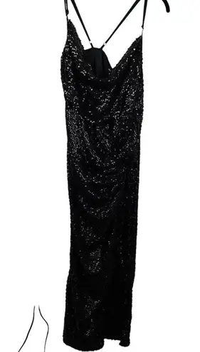 Pretty Little Thing NWT  Black Textured Sequin Cowl Neck Thigh Split Maxi Dress 12