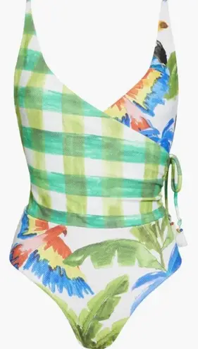 Farm Rio Tropical Fresh Faux Wrap One-Piece Swimsuit, Size large, $195