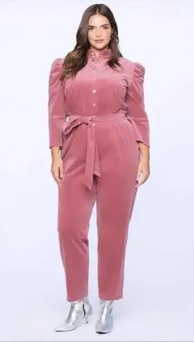 Eloquii NWT  Corduroy Belted Jumpsuit in Pink puff sleeve