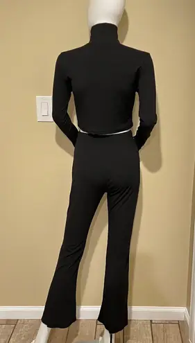 Knit Two Pieces Set Crop Top Mock Neck Blouse High Waist Flare Pants High Rise Trousers Slim Fit Set Long Sleeve Black