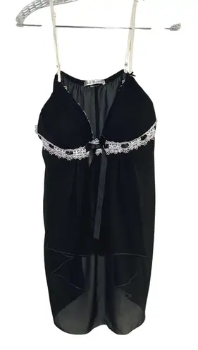 Linea Donatella Black Lace Trim Babydoll Lingerie Sheer Nightgown Bow Detail
