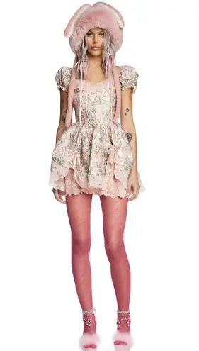 Dolls Kill Floral Jacquard Mini Dress With Lace And Bows And Puff Sleeves