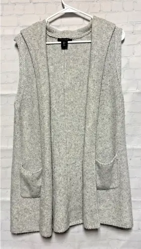 Tahari Gray Wool Blend Long Sleeveless Vest Cardigan Sweater hood Large