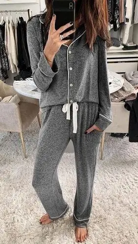 New Pajama Set Heather Gray Small Long Sleeve Button Down Pjs Nightwear Lounge