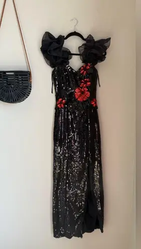 Vintage 80s Loralie Sequin Taffeta Ruffle Shoulder , Size 6 Black