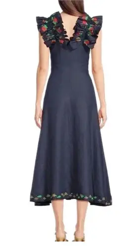 FANM MON Alanya 100% Linen Embroidered Dress Off The Shoulder Navy Small New Blue