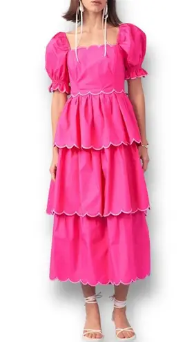 English Factory M Pink Scallop Tiered Maxi Dress Puff Sleeve Barbie Cottagecore