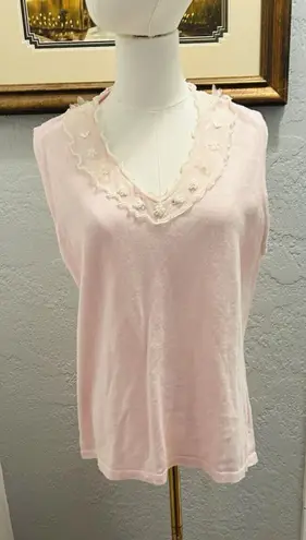 CLEARANCE Tank Sweater SZ Large Storybook Knit Chiffon Ruffle Trim Pearl Cottage Pink
