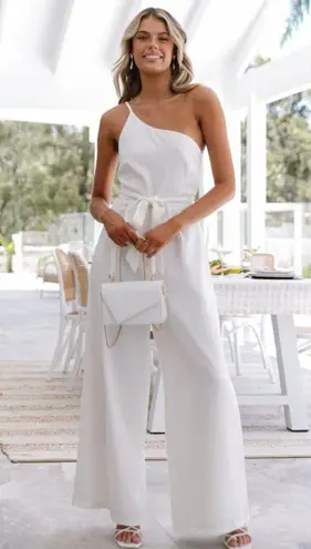 Petal and Pup  Leyton White One Shoulder Wide Leg Belted Jumpsuit 8