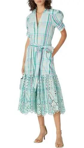 Tanya Taylor Mint Striped Fern Midi Dress size 6 Embroidered Eyelet Puff Sleeve
