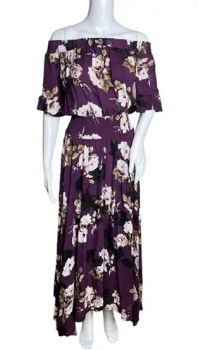 Jaase Dress Womens Small Plum Skies Purple White Floral Leah Maxi Off Shoulder