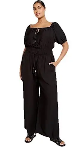 City Chic Erica Jumpsuit Wide Leg Tassel Ties Puff Sleeve Black XL / 22