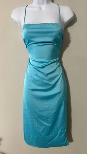 Meshki Baby Blue Satin Mini Dress Spaghetti Straps Backless Lace Up Size S