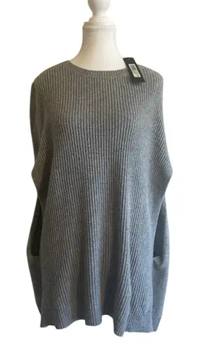 Donna Karan Grey Ribbed Tunic Sweater with Pockets Oversized Relaxed Fit Cozy Womens