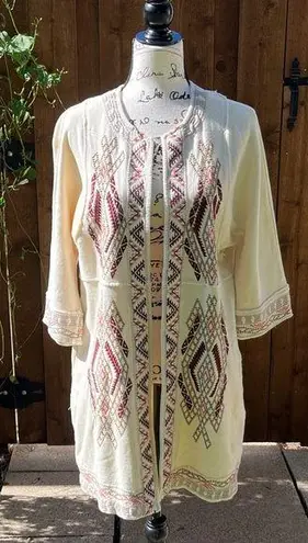 Johnny Was Women’s Knit Duster Jacket Cream Embroidered Boho Western Size S EUC