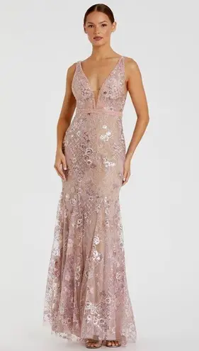 Mac Duggal 67481 Womens Floral Embellished Sleeveless Plunge Neck Gown Dress