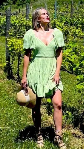 Jonathan Simkhai Cadence Mini Dress Size 2 NWT Green Puff Sleeve Ruffle Hem