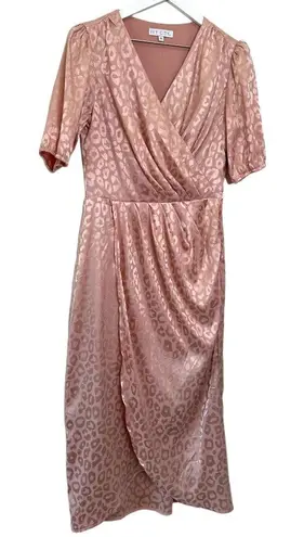 Ivy City Co Blush Pink Satin Leopard Print Wrap Midi Dress Size Medium