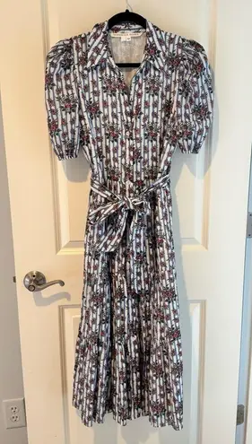 Veronica Beard Eunice Floral & Stripe Puff Sleeve Midi Dress | Size 0