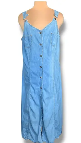 Vintage 90s Casual Corner Chambray Denim Maxi Overall Dress Button Front 16 Blue