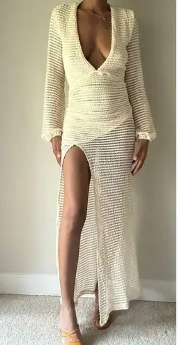 Fore Fly Me Out Cream Plunging Neckline Crochet Maxi Dress, S