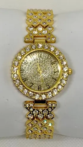 Women’s gold tone wrist watch iced dial rhinestones quartz 29mm round running thumbnail 1