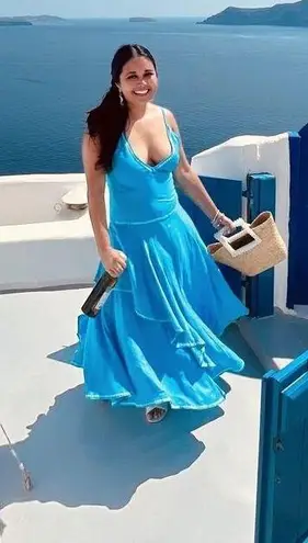 ESTEBAN CORTAZAR COLLECTIVE Aqua Hourglass White Stitch Midi Dress Size Medium Blue