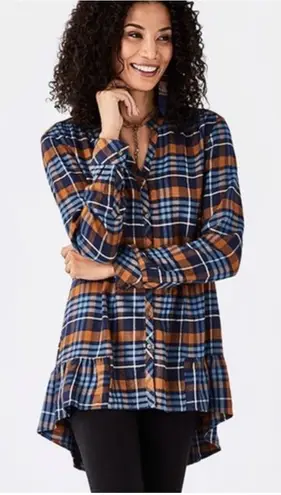 Matilda Jane Womens Blue Orange Plaid General Store Flannel Tunic Sz M Fall Time - Image 1