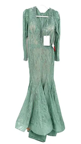Mac Duggal 79291 Mermaid Plunge lIlusion Gown in Sage Green 6 NWT