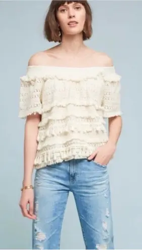 Love Sam Anthropologie Fringe Crochet Off Shoulder Top Size Med Petite