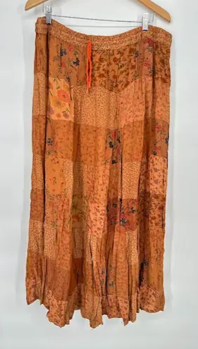 VTG Just Cruising Maxi Peasant Skirt Free Size Patchwork Floral Boho Gypsy Hip Brown Size L