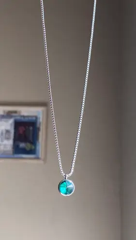 Handmade stainless steel chain & green glass crystal chic vintage retro style simple necklace💚