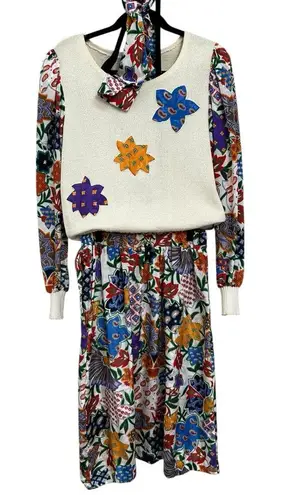 Vintage 80s 3 Piece Sweater Skirt Scarf Anthony Sicari Colorful Floral Set Sz 6 Blue