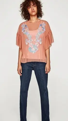 ZARA  Peach Tulle Mesh Embroidered Flutter Boho Blouse