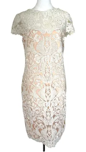 Tadashi Shoji Corded Embroidery on Tulle Cap Sleeve Dress White on Beige Size 12