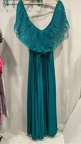 Vintage 70’s aquamarine lace top pleated maxi boho magical mermaid dress Blue