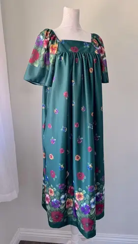 NWT Carriage Court Dark Teal Floral Print Square Neck Relaxed Fit Midi Dress Blue Size M