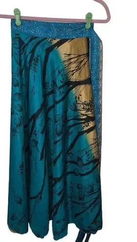 Wevez Blue Gold Double Wrap Skirt Sari L OS Silk Reversible India Midi Maxi Long Size undefined